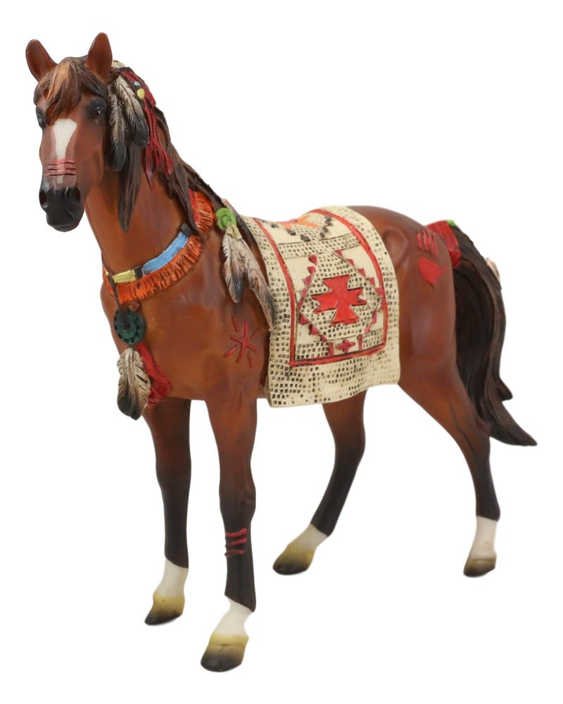Ebros Gift Ebros Equestrian Tribal Navajo Medicine Spirit Horse with Painted Tapestry Saddle Hand Crafted Statue 9.5" Long Native American Indian Symbols Palm Feathers Stallion Animal Decor Sculpture - Image 1